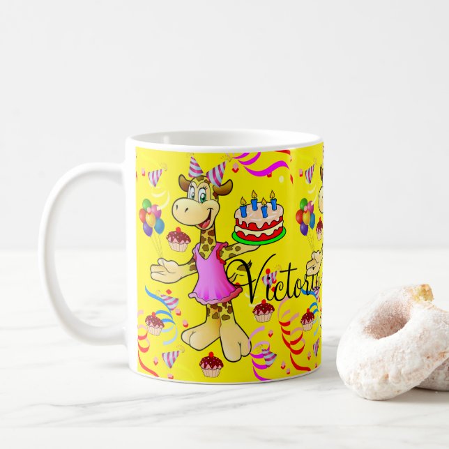 Caneca De Café Feliz Aniversário Girafa Yellow Mug (Com Donut)