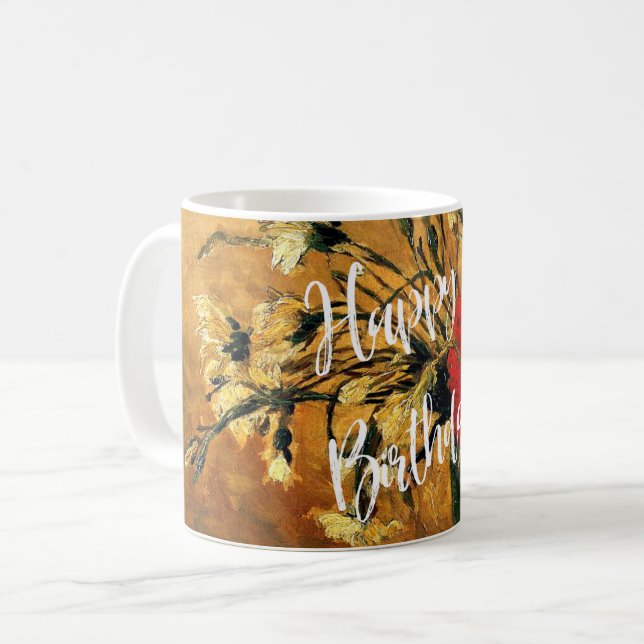 Caneca De Café Feliz aniversário, Jug com Cravos Vermelhos e Bran (Frente Esquerda)