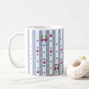 Caneca De Café Feliz Aniversário Listra Azul e Branco