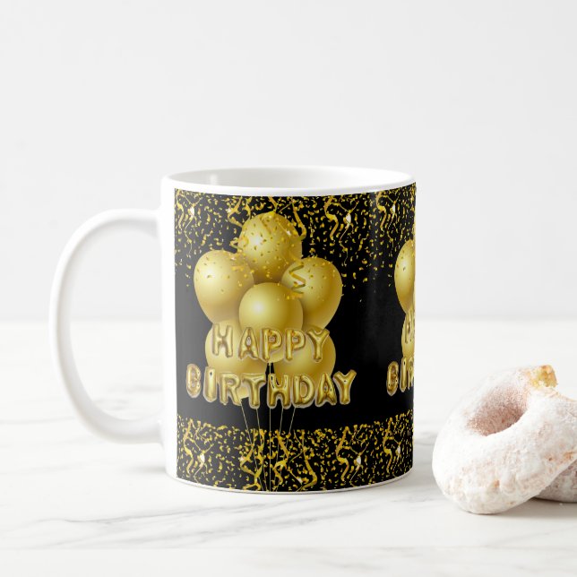 Caneca De Café Feliz aniversário Mug Black Dourado Confetti (Com Donut)