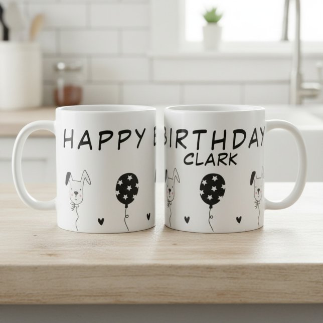 Caneca De Café Feliz Aniversário Mug com Cães e Ballons (funny birthday mug)