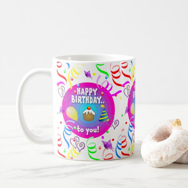 Caneca De Café Feliz aniversário Mug Confetti (Com Donut)