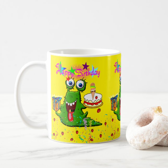 Caneca De Café Feliz Aniversário Mug Monster (Com Donut)