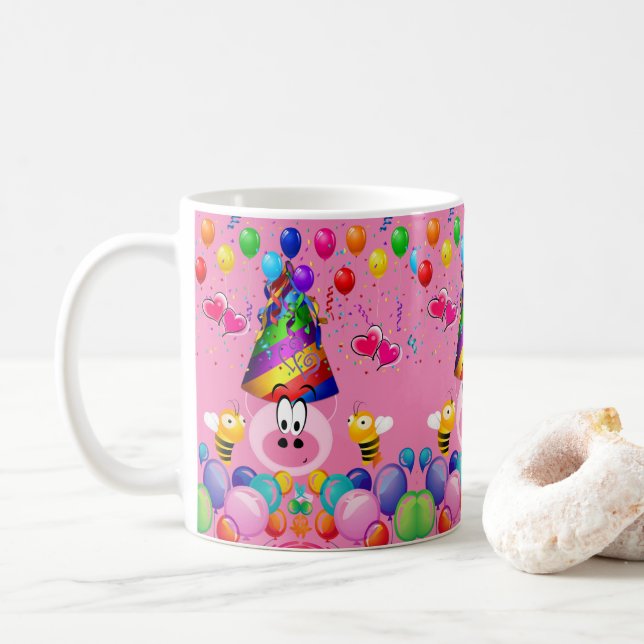 Caneca De Café Feliz Aniversário Mug Pink Pig Bumblebee (Com Donut)