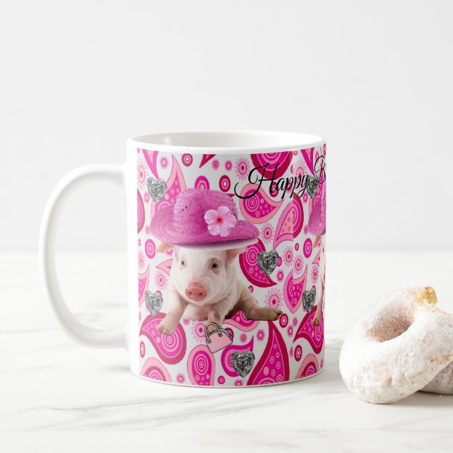 Caneca De Café Feliz Aniversário Mug Pink Pig Paisley (Com Donut)