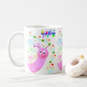 Caneca De Café Feliz Aniversário Mug Pink Worm Confetti
