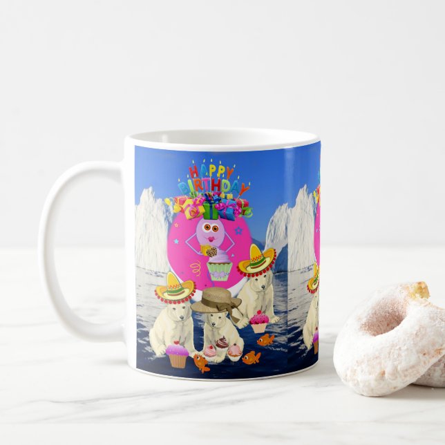 Caneca De Café Feliz Aniversário Mug Polar Bear (Com Donut)