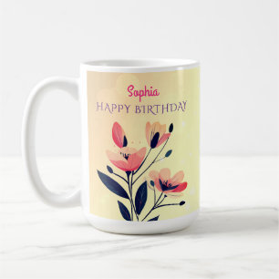 Caneca De Café Feliz Aniversário, Nome, Flores em Dourado Gradien