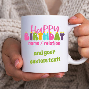 Caneca De Café Feliz Aniversário Nome Texto Personalizado Velas C