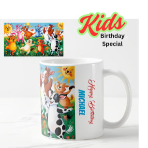 Caneca De Café Feliz Aniversário Personalizado Animais Crianças D