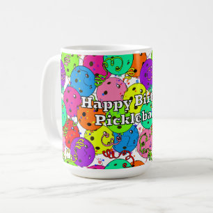 Caneca De Café Feliz Aniversário Pickleball Balões Confetti White