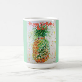 Caneca De Café Feliz Aniversário Pineapple Art Verde limão Nome M