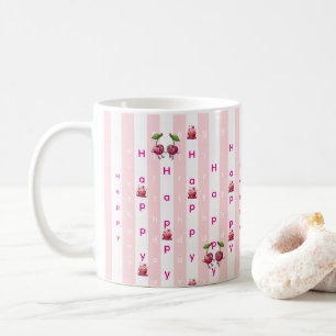 Caneca De Café Feliz Aniversário Pink & White Stripe