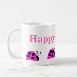 Caneca De Café Feliz Aniversário Rosa Ladybug