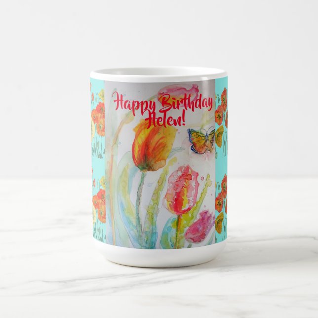 Caneca De Café Feliz Aniversário Tulip Orange Poppy Mulher Nome M (Centro)
