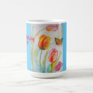 Caneca De Café Feliz Aniversário Tulipas Mulheres Nome Mug