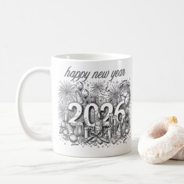 caneca de café feliz ano novo 2026 (Com Donut)