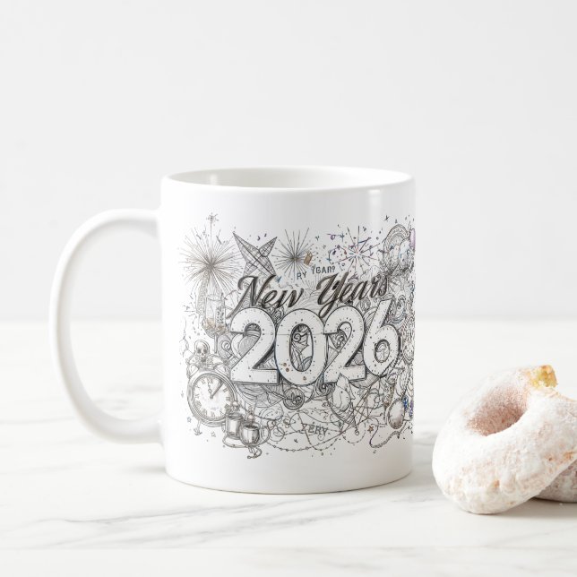 caneca de café feliz ano novo 2026 (Com Donut)