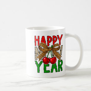 Caneca De Café Feliz Ano Novo 2026 Cerejas & Leopardo Coquete