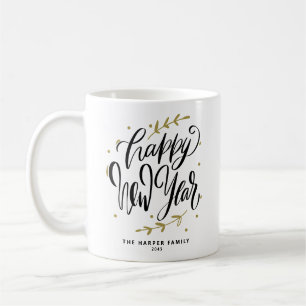 Caneca De Café Feliz Ano Novo Coroa de Caligrafia Moderna