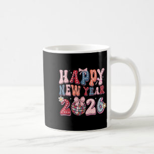 Caneca De Café Feliz Ano Novo Retrô 2026 Coquette Laço Bola de Di