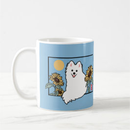 Caneca De Café Feliz Cachorro Spitz com Soma Girassóis