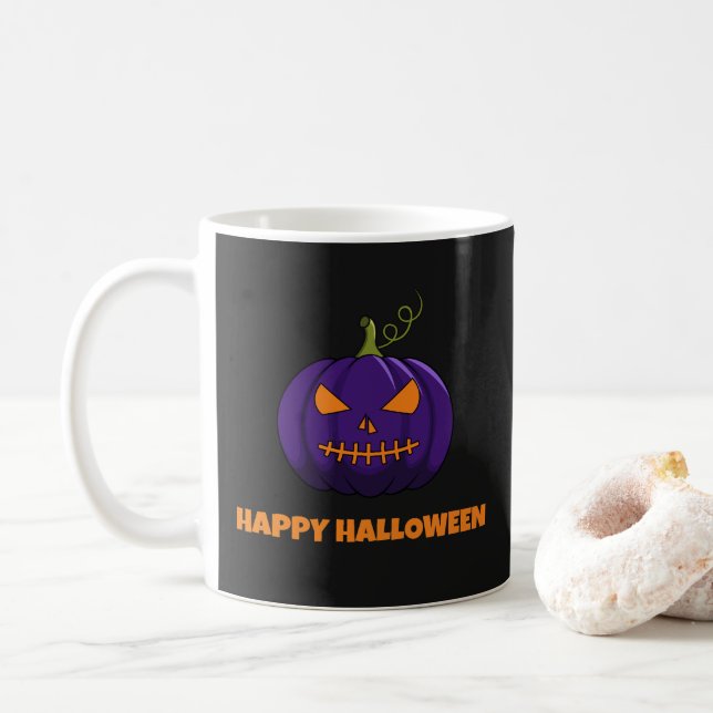 Caneca De Café Feliz Café De Halloween Com Pumpkin Roxo (Com Donut)