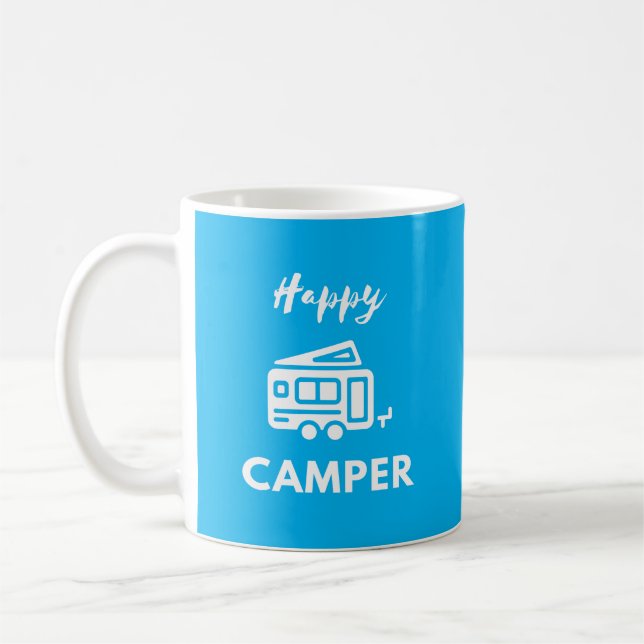 Caneca De Café Feliz Camper em Branco com fundo azul (Esquerda)