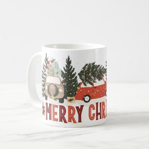 Caneca De Café Feliz Carro vintage de Natal e Canhão de Árvores