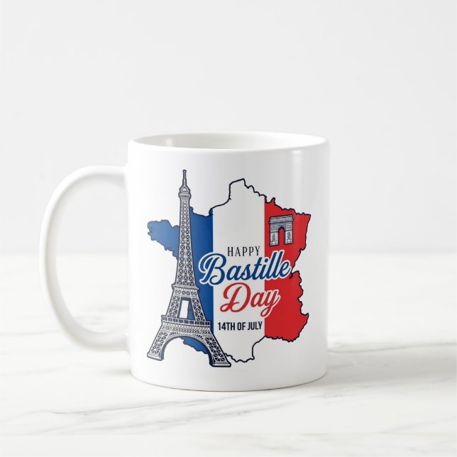Caneca De Café Feliz Dia da Bastilha França Mapa Torre Eiffel Vec (Esquerda)