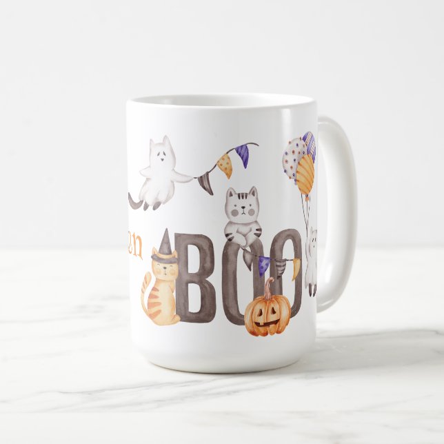 Caneca De Café Feliz Dia das Bruxas | KITTENS E BOO CUTOS (Frente Esquerda)