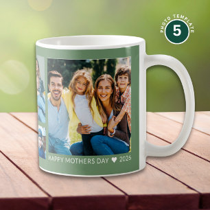 Caneca De Café Feliz Dia das Mães 5 Foto da Família Verde Sage