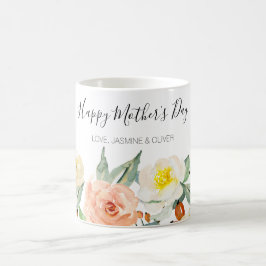 Caneca De Café Feliz Dia das Mães Pêssegos Flores de Aquarela