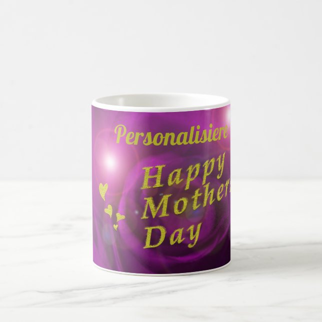 Caneca De Café feliz dia de as mães roxo e texto dourado personal (Centro)
