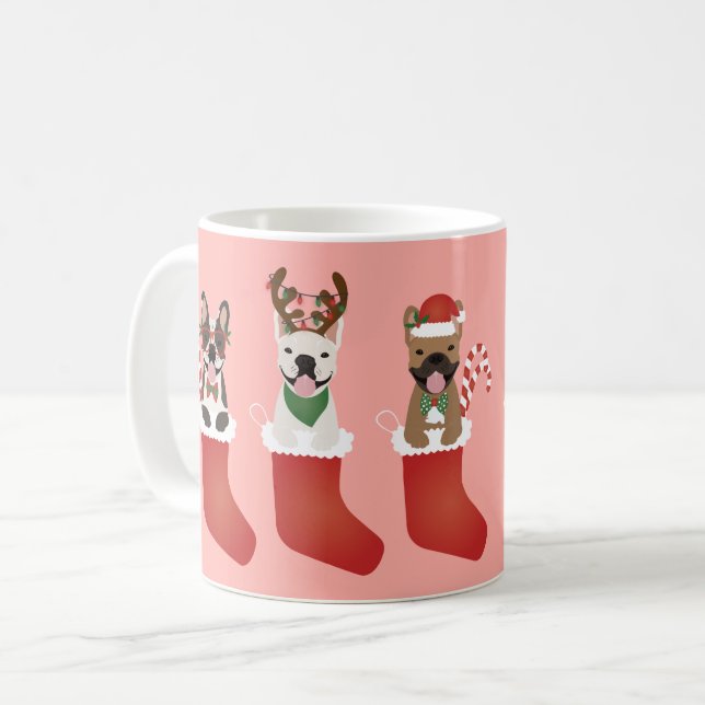 Caneca De Café Feliz Dia de Natal dos Bulldog Franceses (Frente Esquerda)