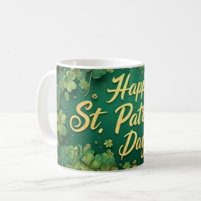 Caneca De Café Feliz Dia de São Patrício com Design de Trevo (Frente Esquerda)