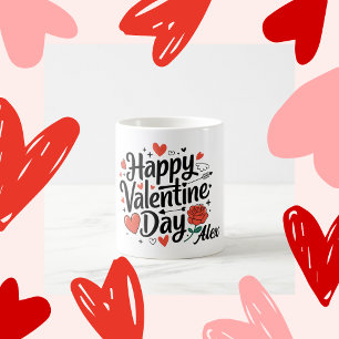 Caneca De Café Feliz dia dos namorados, coração romântico da rosa