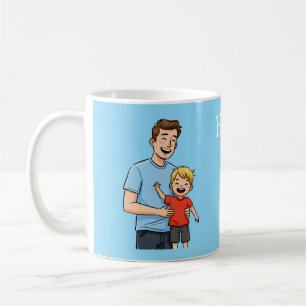 Caneca De Café Feliz Dia dos Pais Cartoon Pai e Filho Azul 