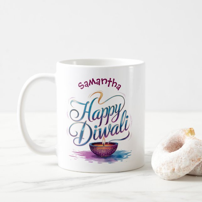 Caneca De Café Feliz Diwali personalizável branco  (Com Donut)
