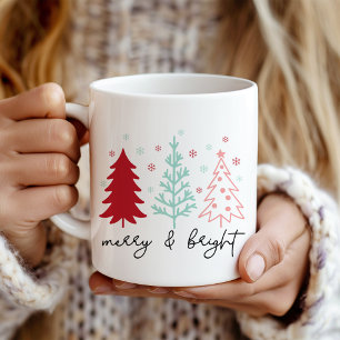 Caneca De Café "Feliz e Brilho", rosa e mint árvores de Natal