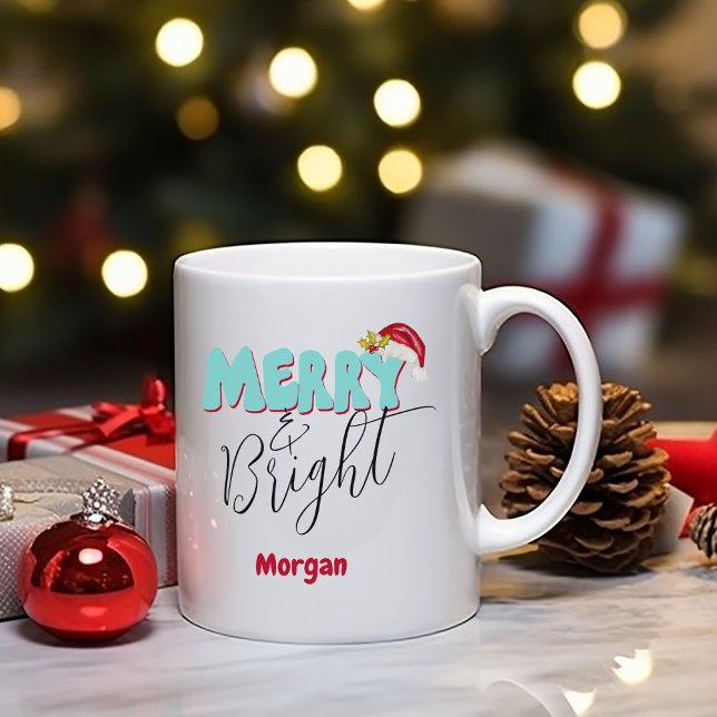Caneca De Café Feliz e Natal Brilhante Azul Vermelho Festivo Apel (Fun Merry and Bright Christmas mug, personalized with your name original art by Malissa Melrose)