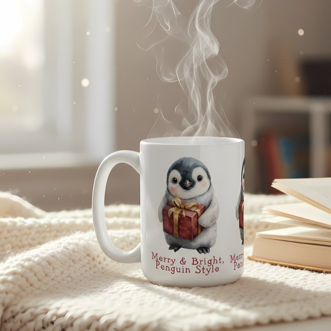 Caneca De Café Feliz e Pinguim Brilhante Natal (Criador carregado)