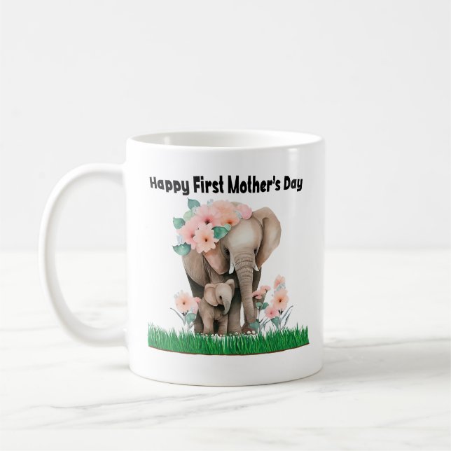Caneca De Café Feliz elefante fofo do primeiro dia da mãe (Esquerda)