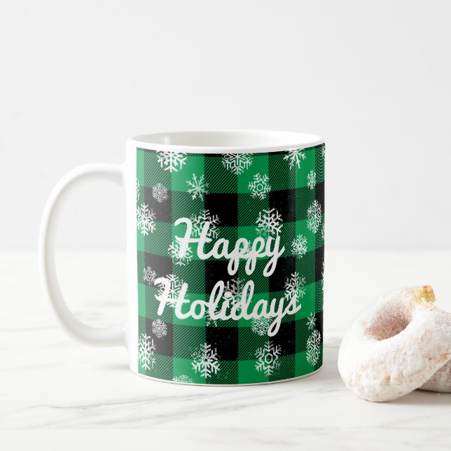 Caneca De Café Feliz Feriados l Snowflakes Xadrez Verde Buffalo (Com Donut)