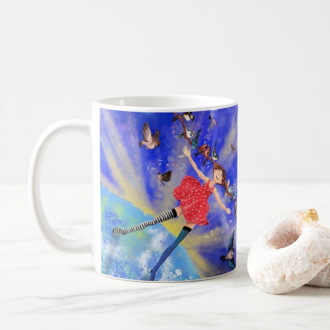 Caneca De Café Feliz Garota com Pássaros - Feliz - Alegria - (Com Donut)