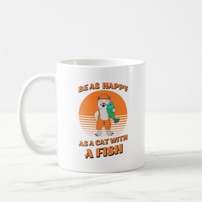 Caneca De Café Feliz gato com peixe. Gato pescador. Engraçado (Esquerda)