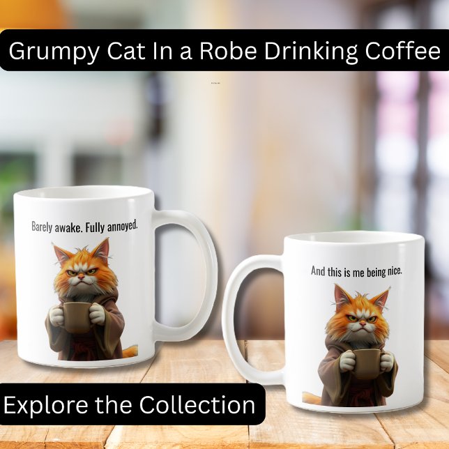 Caneca De Café Feliz gato rabugento com roupão e café (Funny Grumpy Cat in a Robe with Coffee.  Perfect gifts, Cat lovers, Coffee Lovers)