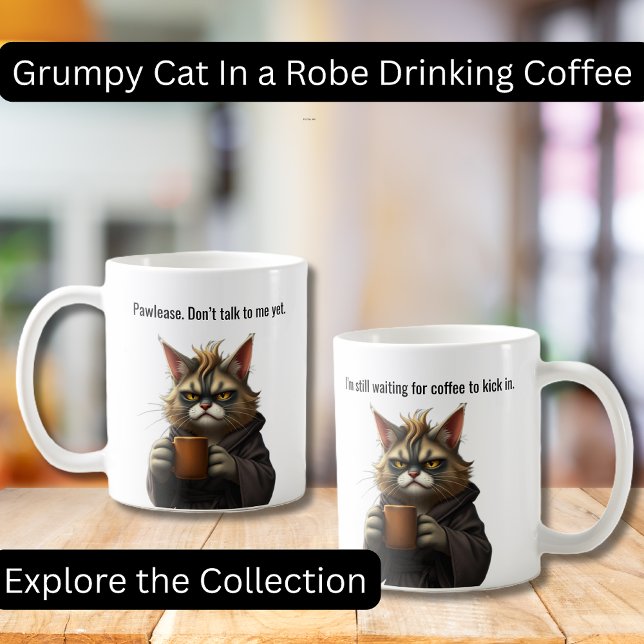 Caneca De Café Feliz gato rabugento em roupão e café (Funny Grumpy Cat in a Robe with Coffee.  Perfect gifts, Cat lovers, Coffee Lovers)
