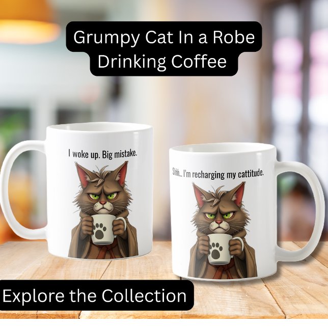 Caneca De Café Feliz gato rabugento em roupão e café (Funny Grumpy Cat in a Robe with Coffee.  Perfect gifts, Cat lovers, Coffee Lovers)
