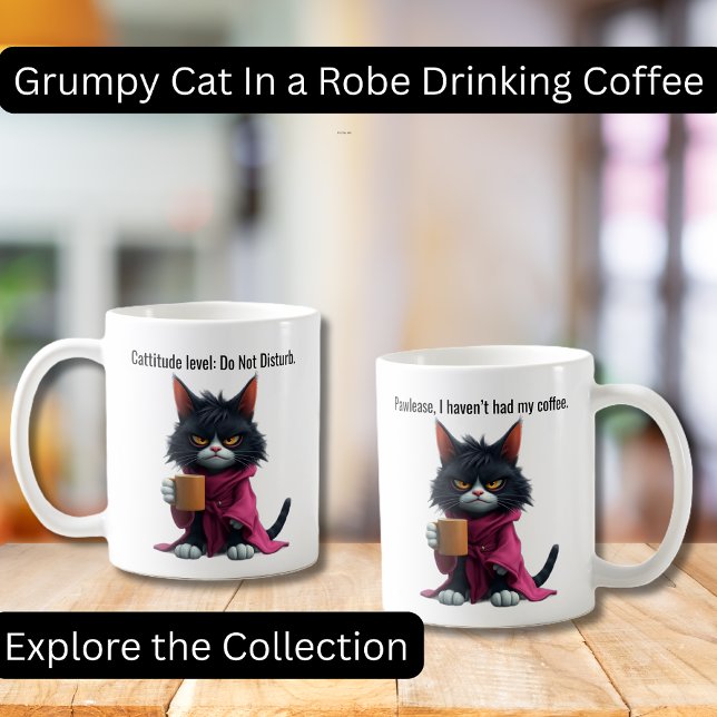 Caneca De Café Feliz gato rabugento em roupão e café preto (Start your day with a whole lot of mood and just the right amount of caffeine. This hilarious mug fe)